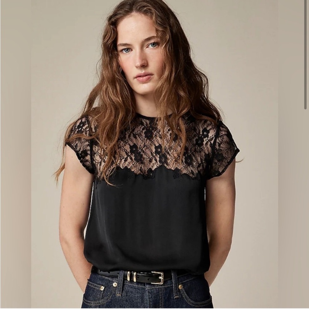 J Crew Satin & Lace Drapey Top Size M in Black